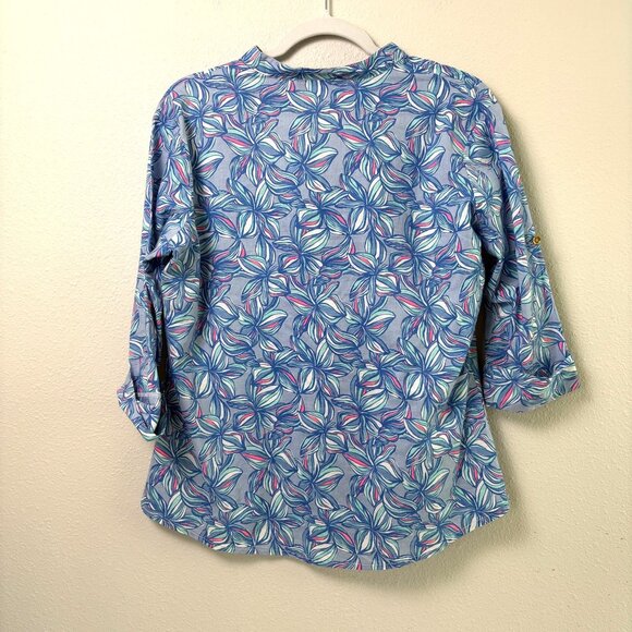 Liza Byrd Popover Top Size S Blue Pink Floral 3/4 Roll Tab Sleeve V Neck Beach - Picture 3 of 10